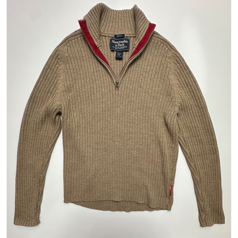Y2K Abercrombie & Fitch Quarter Zip Ribbed Muscle Sweater Tan Red Men's Size XL